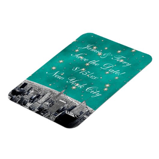 NYC Skyline 2 Aquamariner Gold Star Save the Date Magnet (Linke Seite)