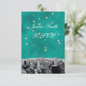 NYC Skyline 2 Aquamarines Gold Star UAWG w Menü RSVP Karte (Stehend Vorderseite)