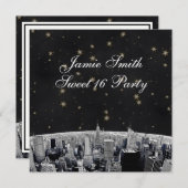 NYC Skyline 2 Black Gold Star Sweet 16 Einladung (Vorne/Hinten)