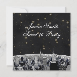 NYC Skyline 2 Black Gold Star Sweet 16 Einladung
