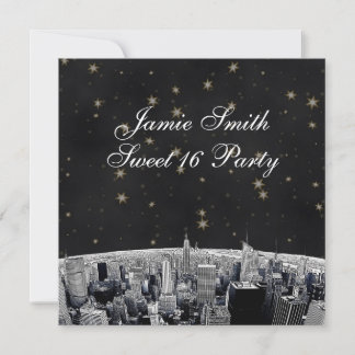 NYC Skyline 2 Black Gold Star Sweet 16 Einladung