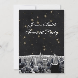 NYC Skyline 2 Black Gold Star Sweet 16 V Einladung