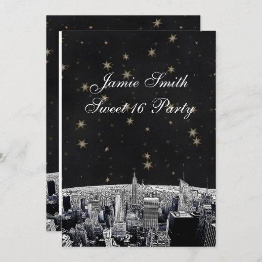 NYC Skyline 2 Black Gold Star Sweet 16 V Einladung (Vorne/Hinten)