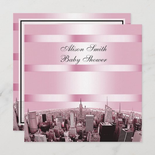 NYC Skyline 2 Black Pink Baby Dusche Einladung (Vorne/Hinten)
