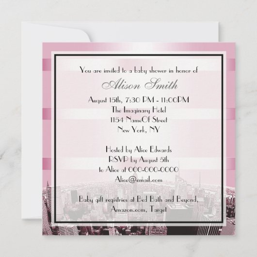 NYC Skyline 2 Black Pink Baby Dusche Einladung (Rückseite)