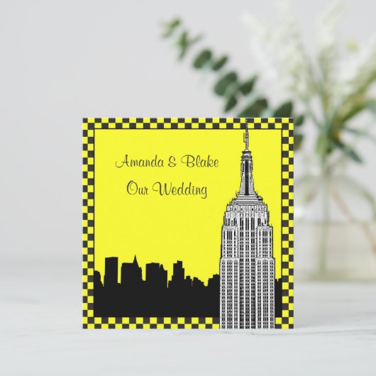 NYC Skyline 2 Etched ESB Checkered Taxi Wedding Einladung (Stehend Vorderseite)