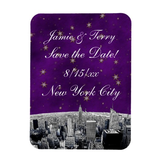 NYC Skyline 2 Lila Gold Star Rett Date Magnet (Vertikal)