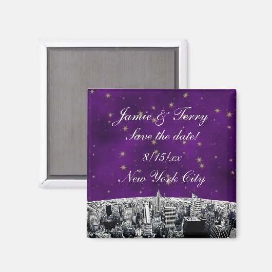 NYC Skyline 2 Lila Gold Star Rett Date Magnet (Vorderseite/Rückseite)