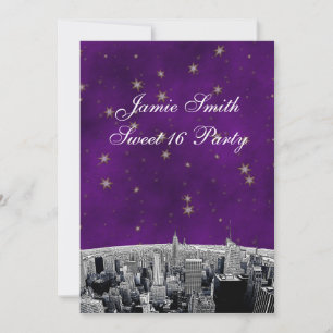 NYC Skyline 2 Lila Gold Star Sweet 16 V Einladung
