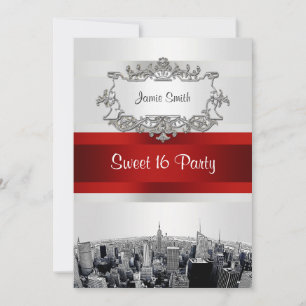 NYC Skyline 2 White, Red Ribbon Sweet 16 Einladung