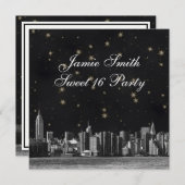 NYC Skyline #3 Black Gold Star Sweet 16 Einladung (Vorne/Hinten)