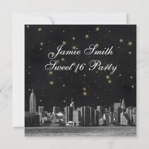 NYC Skyline #3 Black Gold Star Sweet 16 Einladung