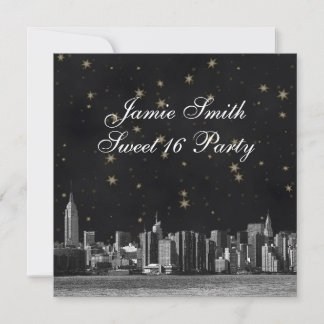NYC Skyline #3 Black Gold Star Sweet 16 Einladung