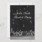 NYC Skyline #3 Black Gold Star Sweet 16 V Einladung (Vorderseite)