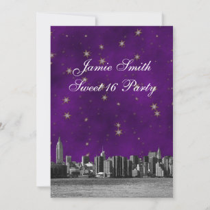 NYC Skyline #3 Lila Gold Star Sweet 16 V Einladung