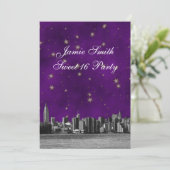 NYC Skyline #3 Lila Gold Star Sweet 16 V Einladung (Stehend Vorderseite)