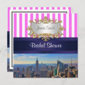NYC Skyline B2 Pink White Strip Brautparty Einladung (Vorne/Hinten)