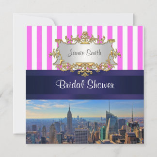 NYC Skyline B2 Pink White Strip Brautparty Einladung