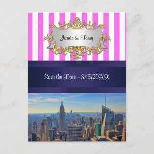 NYC Skyline B2 Rosa Weiß gestreift Save-the-Date Ankündigungspostkarte