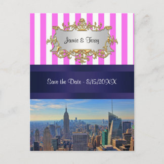 NYC Skyline B2 Rosa Weißer Streifen Save the Date Ankündigungspostkarte