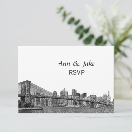 NYC Skyline Bklyn Bridge Etched #2H UAWG RSVP Karte (Stehend Vorderseite)