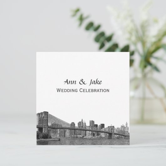 NYC Skyline Bklyn Bridge Etched #2SQ Wedding Einladung (Stehend Vorderseite)
