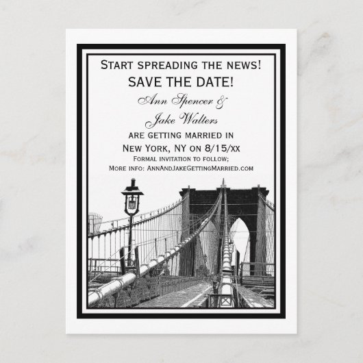 NYC Skyline Brooklyn Bridge #2 Save the Date Ankündigungspostkarte (Vorderseite)