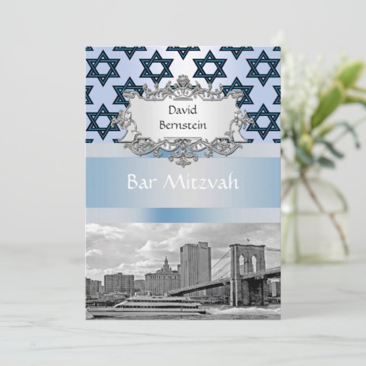 NYC Skyline Brooklyn Bridge Bar Mitzvah #2 Einladung (Stehend Vorderseite)
