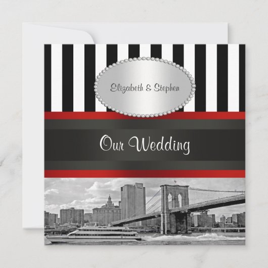 NYC Skyline Brooklyn Bridge Blk White P2 Wedding Einladung (Vorderseite)