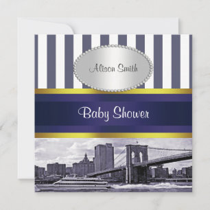 NYC Skyline Brooklyn Bridge Blue White Baby Dusche Einladung