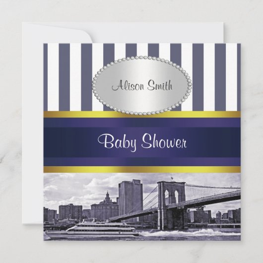NYC Skyline Brooklyn Bridge Blue White Baby Dusche Einladung (Vorderseite)