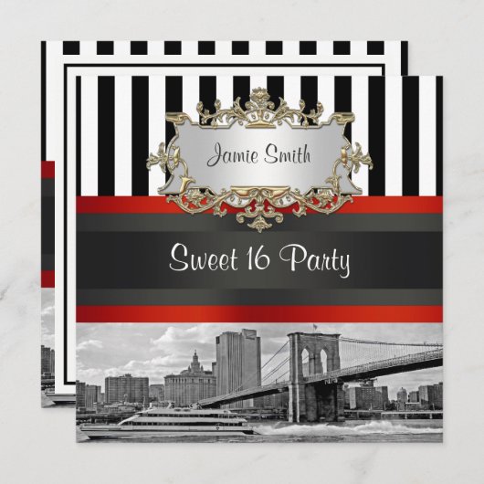 NYC Skyline Brooklyn Bridge Boat 2 Sweet 16 Einlad Einladung (Vorne/Hinten)
