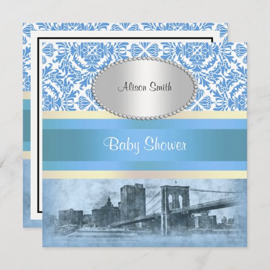 NYC Skyline Brooklyn Bridge Boat 6 Babydusche Einladung (Vorne/Hinten)