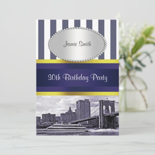 NYC Skyline Brooklyn Bridge Boat Blue Wt2 Geburtst Einladung (Stehend Vorderseite)