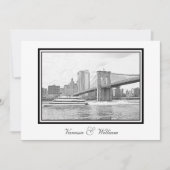 NYC Skyline Brooklyn Bridge Boat BW Etchd Wedding Einladung (Vorderseite)