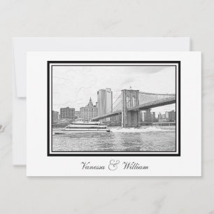 NYC Skyline Brooklyn Bridge Boat BW Etchd Wedding Einladung