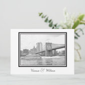 NYC Skyline Brooklyn Bridge Boat BW Etchd Wedding Einladung (Stehend Vorderseite)