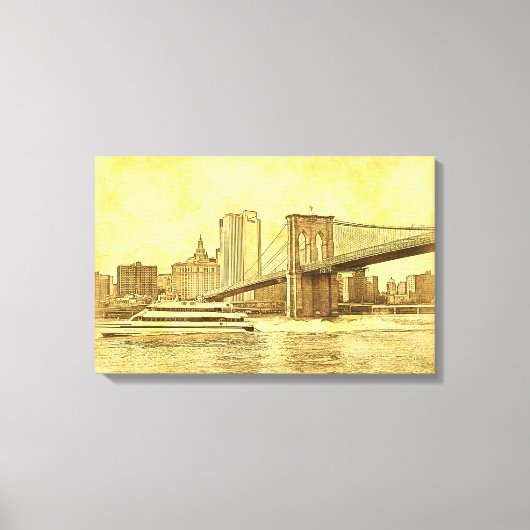 NYC Skyline Brooklyn Bridge Boat Etched Look #1BR Leinwanddruck (Vorderseite)
