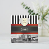 NYC Skyline Brooklyn Bridge Boat Sweet 16 H Einlad Einladung (Stehend Vorderseite)
