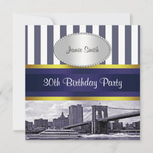 NYC Skyline Brooklyn Bridge, Boot Blue Wt Birthday Einladung