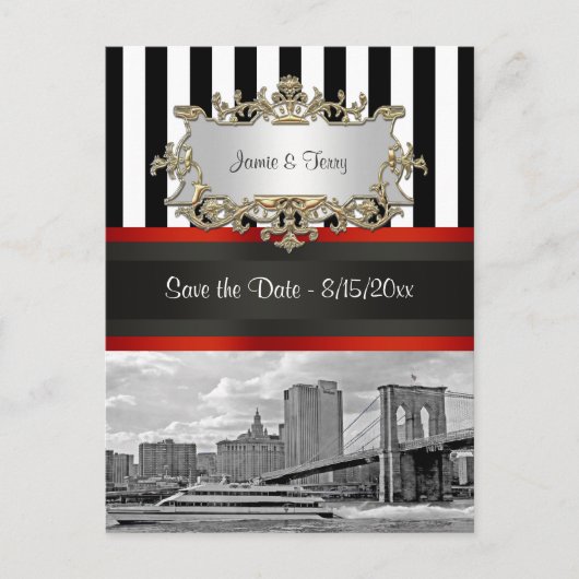 NYC Skyline Brooklyn Bridge, Boot Save the Date Ankündigungspostkarte (Vorderseite)