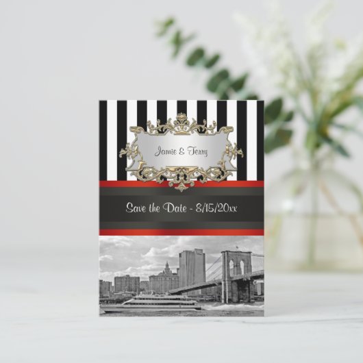 NYC Skyline Brooklyn Bridge, Boot Save the Date Ankündigungspostkarte (Stehend Vorderseite)