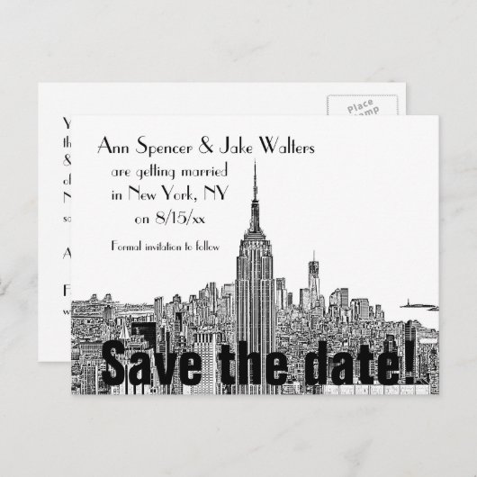 NYC Skyline BSE Top of the Rock Etch Save the Date Ankündigungspostkarte (Vorne/Hinten)