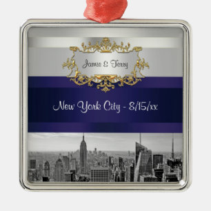 NYC Skyline BW 05 Weiße Navy Blue Einladungssuite Silbernes Ornament