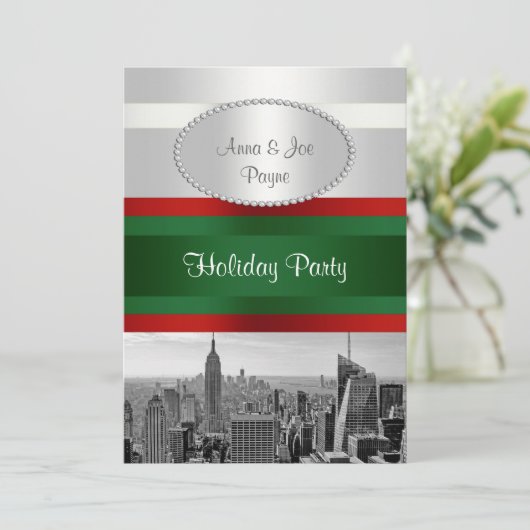 NYC Skyline BW 05 Weiße, rote grüne Weihnachten Einladung (Stehend Vorderseite)