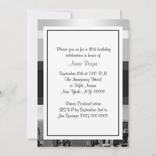 NYC Skyline BW 05 White, Black Birthday Einladung (Rückseite)