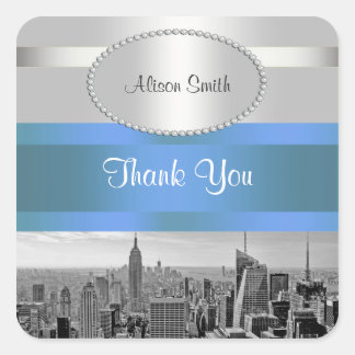 NYC Skyline BW 05 White Blue 2 Vielen Dank Quadratischer Aufkleber