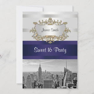 NYC Skyline BW 05 White Navy 2 Sweet 16 Einladung