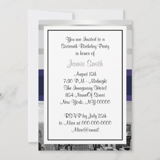 NYC Skyline BW 05 White Navy 2 Sweet 16 Einladung (Rückseite)