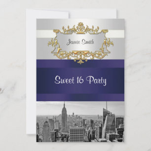 NYC Skyline BW 05 White Navy Blue Sweet 16 Einladu Einladung